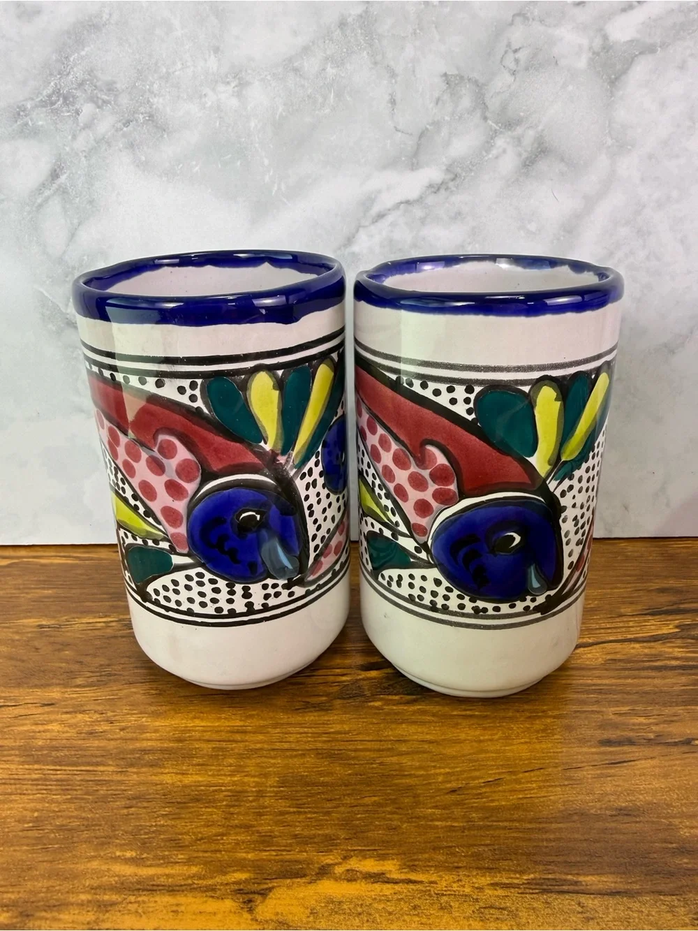 Set of 6 Mexican Talavera Style Pottery Tumblers Hand Painted Fish Folk Art Cups